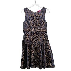 Betsey Johnson Vintage 1990s Blue and Gold Brocade party Dress size 10